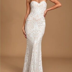 Lulu's Strapless White Lace Mermaid Gown